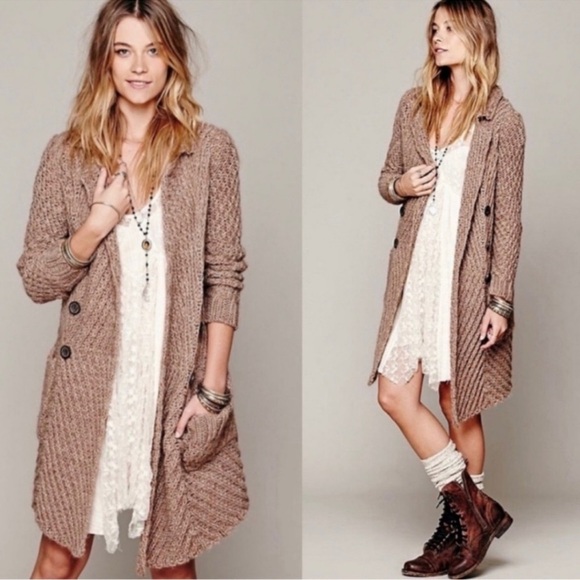 Free People Sweaters - Free People Buttermilk Biscuit Tan Chunky Knit Long Duster Cardigan Small